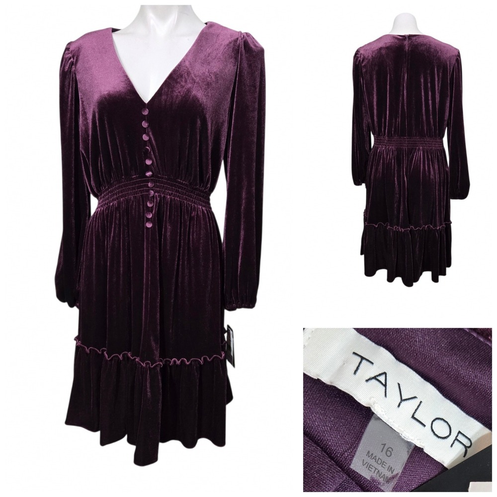 Taylor Plumberry Purple Velvet V-Neck Smocked Waist Ruffle Hem Dress 16 fall
